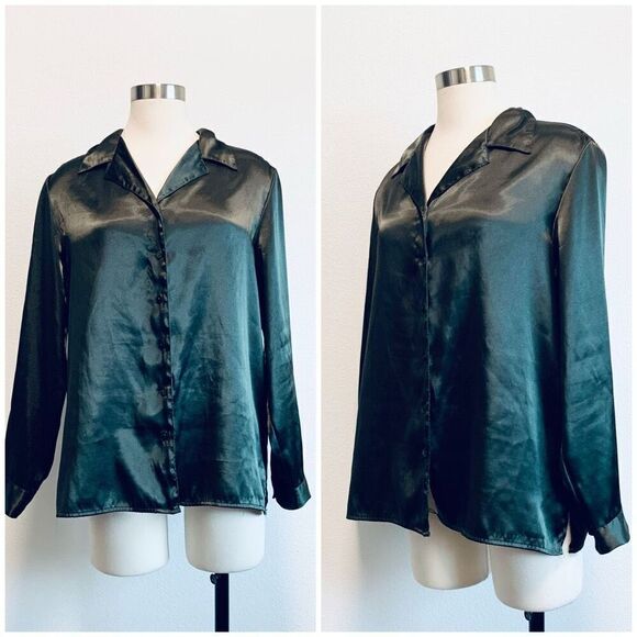 Vintage Kathy Lee Green Satin Blouse Button Down Small - Picture 1 of 7